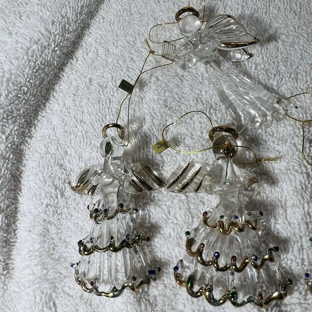 Clear Glass Gold Outlined Christmas Tree 3”‎ Angel Ornaments Lot of 4 -READ